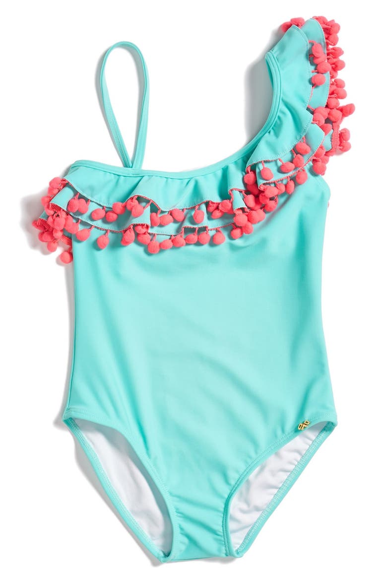 Pompom One-Shoulder One-Piece Swimsuit, Main, color, DREAMY BLUE