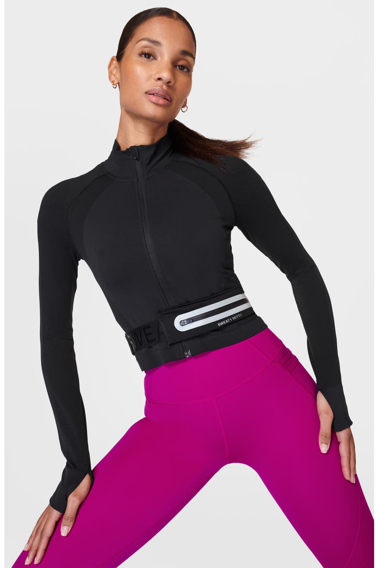 Athlete Seamless Front Zip Jacket, Alternate, color, BLACK