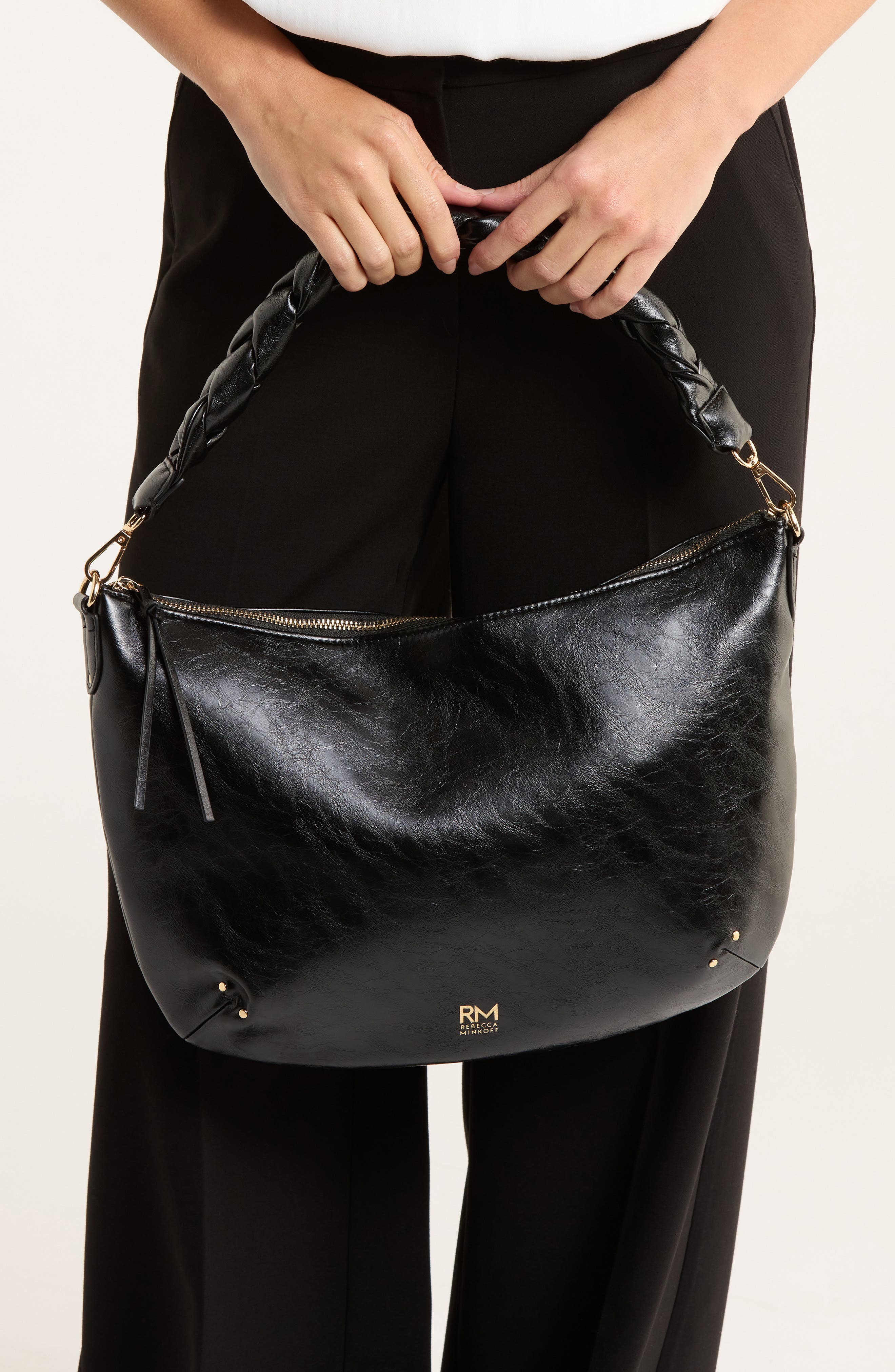 Rebecca Minkoff Eldridge Braided Handle Shoulder Bag, Alternate, color, Black