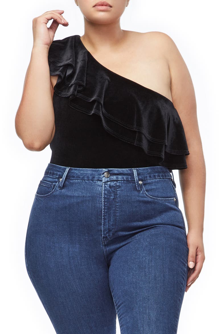 Ruffle One-Shoulder Velvet Bodysuit, Alternate, color, BLACK001