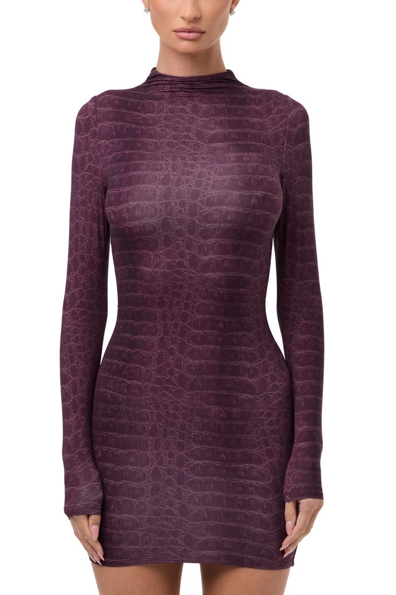 Print Long Sleeve Body-Con Minidress, Alternate, color, DARK PLUM CROCODILE