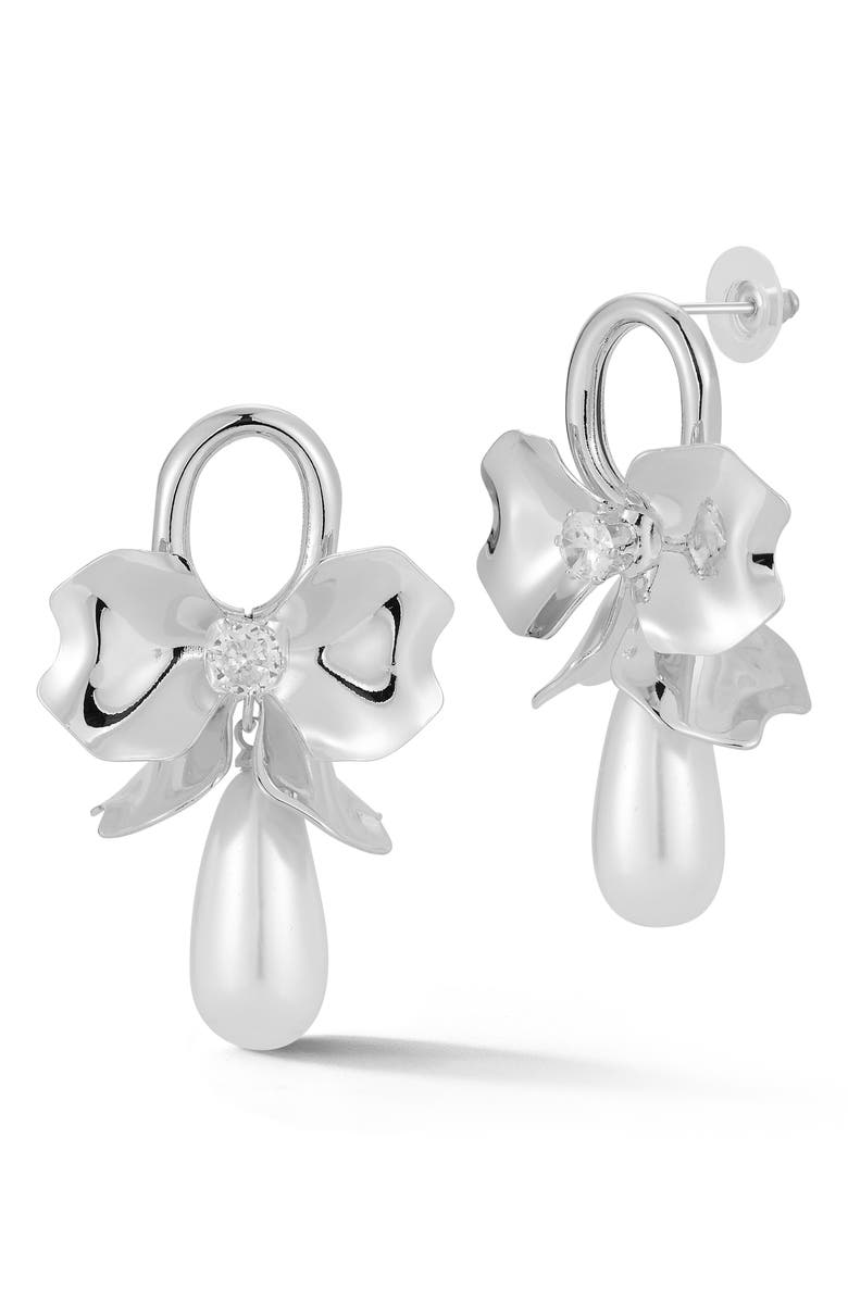SPHERA MILANO Faux Pearl Bow Drop Earrings, Main, color, Silver
