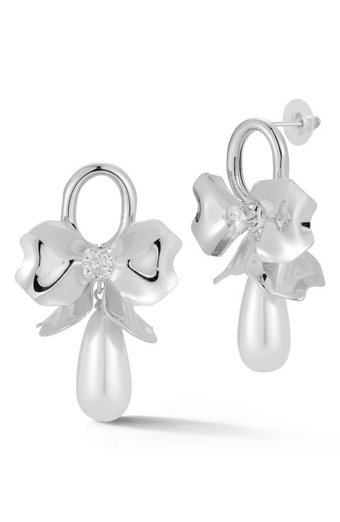Faux Pearl Bow Drop Earrings