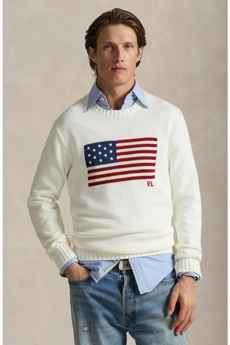 Intarsia Flag Cotton Crewneck Sweater, Alternate, color, WHITE