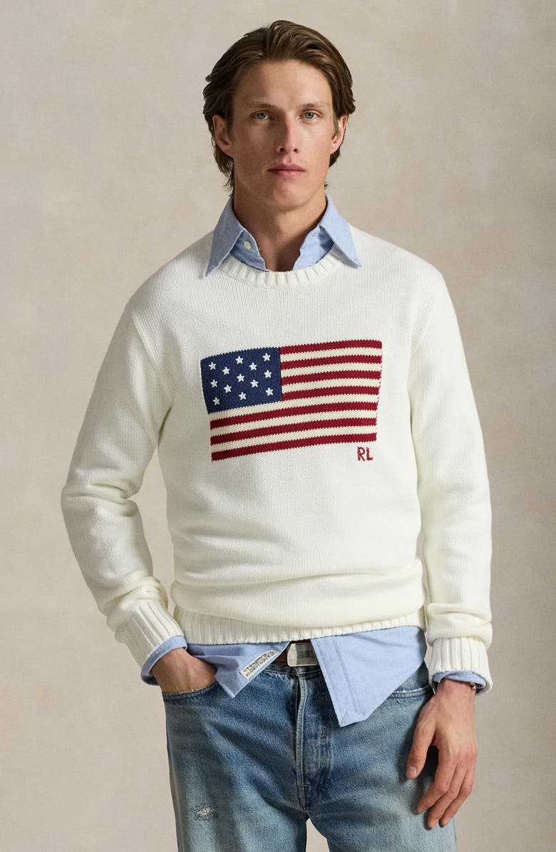 Polo Ralph Lauren Intarsia Flag Cotton Crewneck Sweater, Alternate, color, White