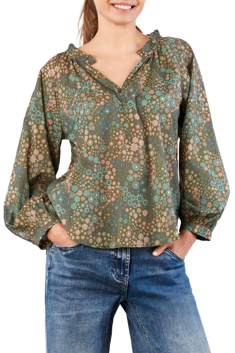 Split Neck Cotton Blend Peasant Top, Main, color, CAMO FLORAL
