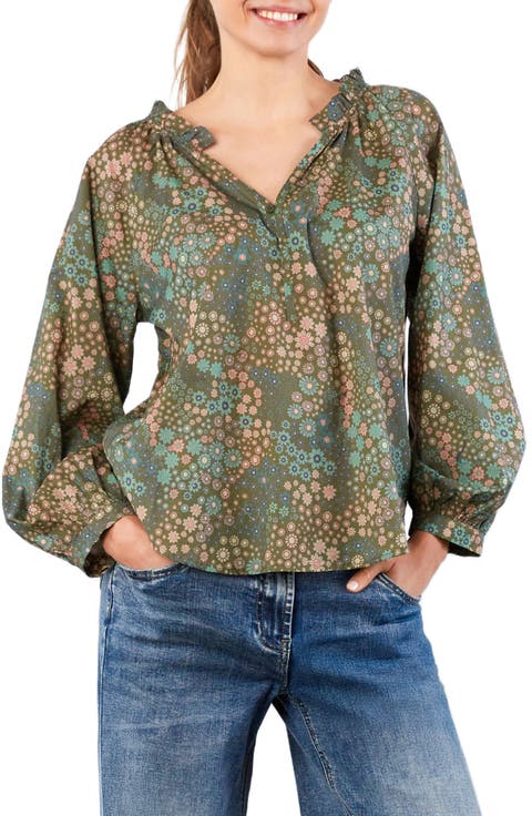Split Neck Cotton Blend Peasant Top