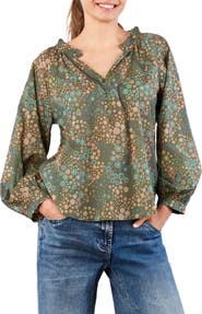 Billy T Split Neck Cotton Blend Peasant Top