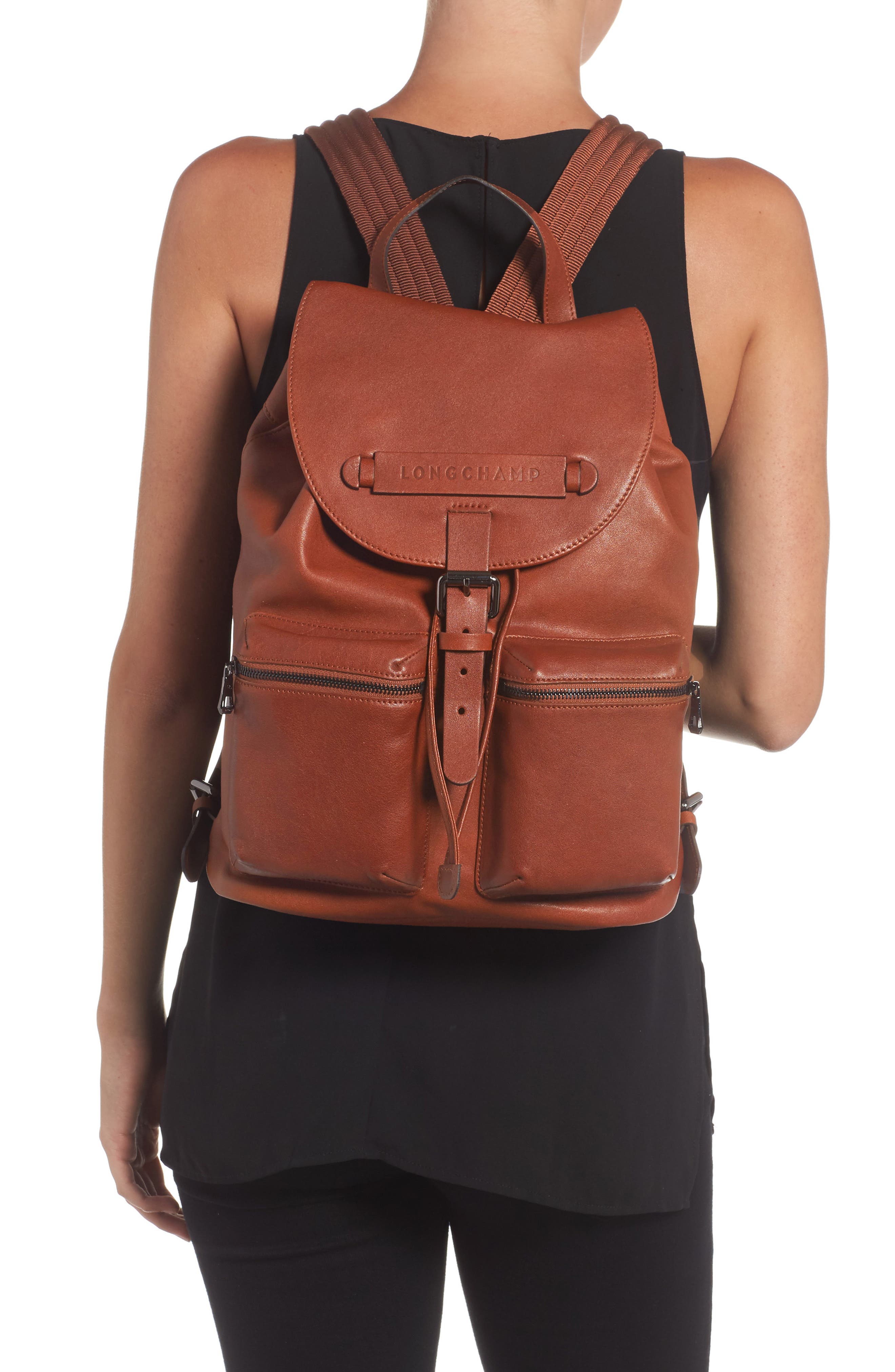 Longchamp Medium 3D Leather Backpack, Alternate, color, Cognac