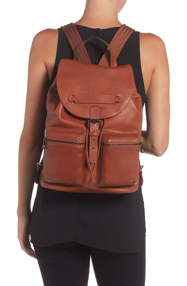 Longchamp Medium 3D Leather Backpack, Alternate, color, Cognac