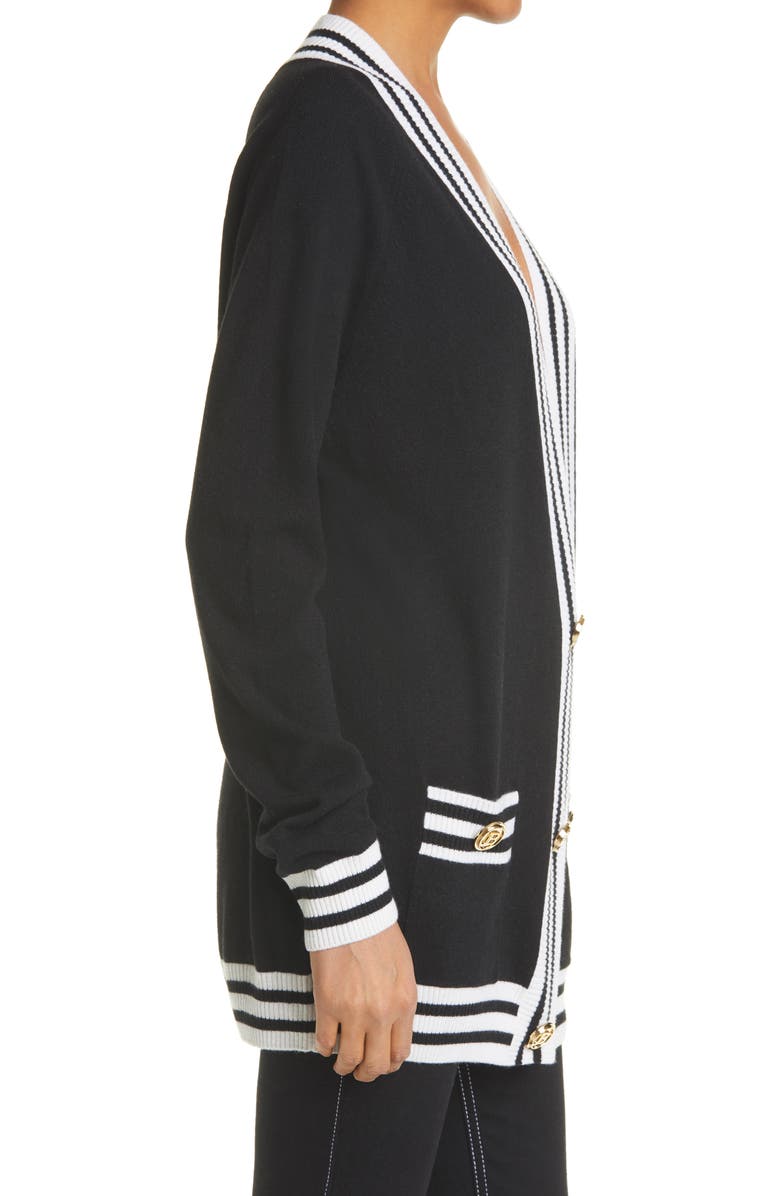 Balmain Logo Stripe Trim Wool Blend Cardigan, Alternate, color, 