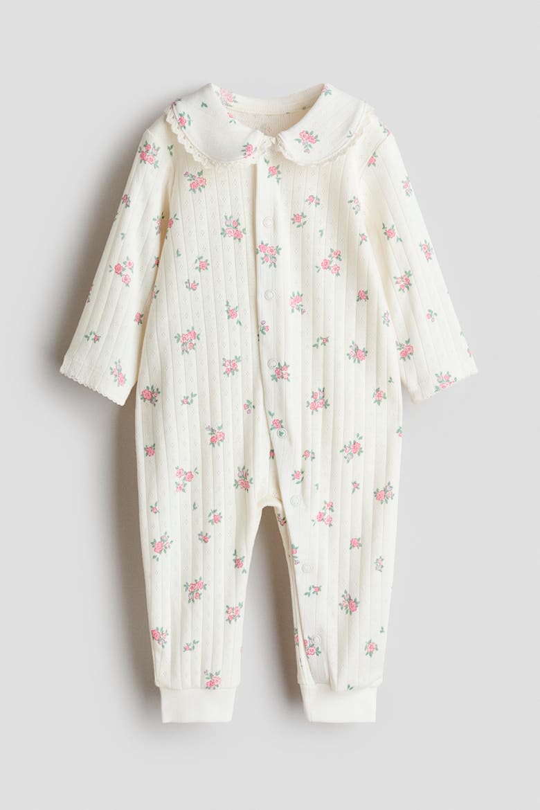 Cotton Pajama Jumpsuit With Collar, Alternate, color, White/floral