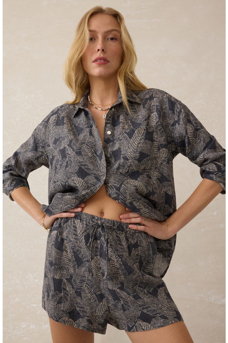 Palma Tie Waist Linen Shorts, Alternate, color, CHARCOAL BANANA LEAF
