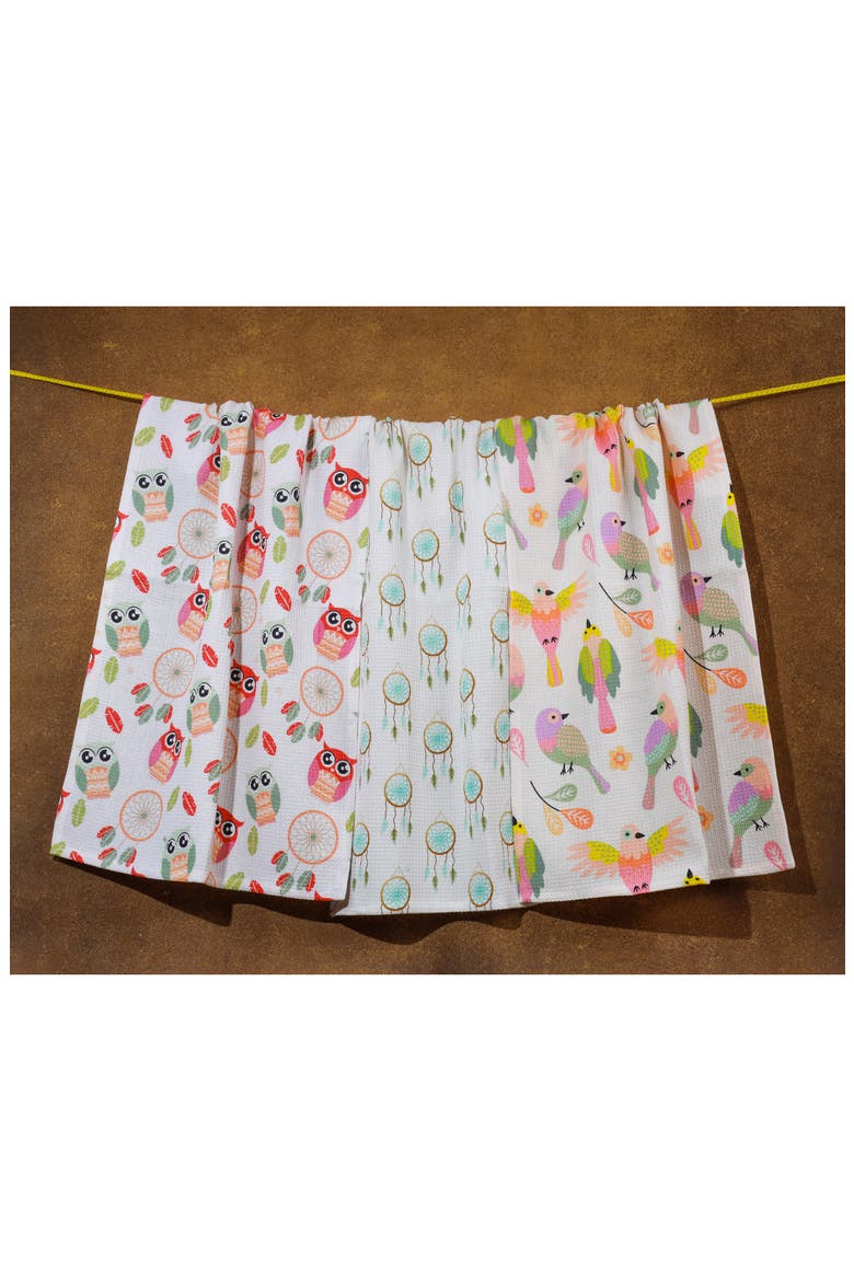 Dreamcatcher Set of 3 Kitchen Towels, Alternate, color, CREAM/ TEAL/ CORAL/
