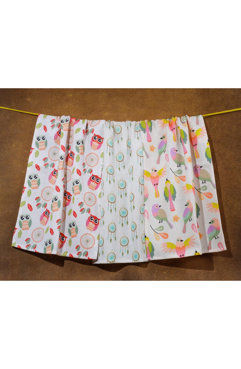 Tiramisu Dreamcatcher Set of 3 Kitchen Towels, Alternate, color, Cream/ Teal/ Coral/