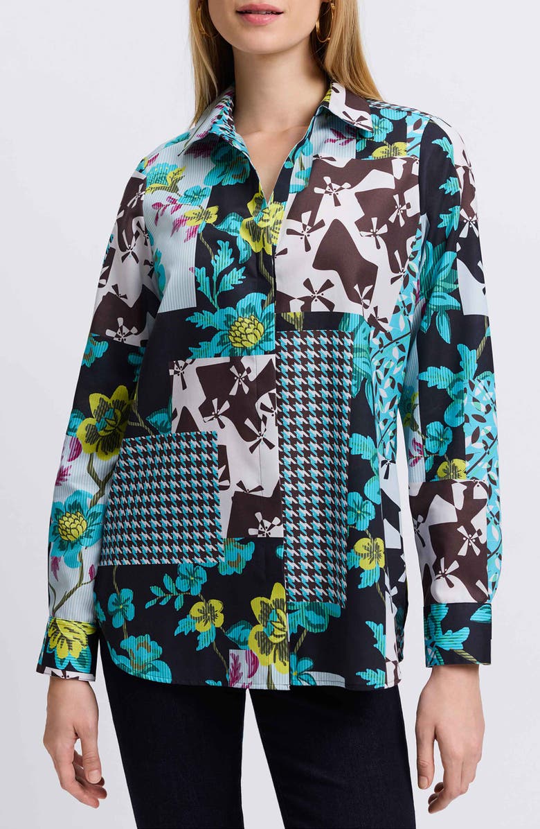 Foxcroft Kylie Print Cotton Sateen Button-Up Shirt, Main, color, Teal Multi