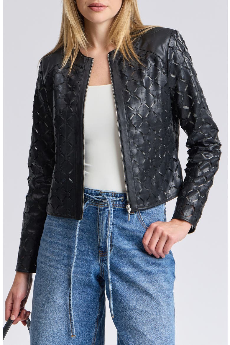 Laser-Cut Mesh Faux Leather Zip Front Jacket, Main, color, BLACK
