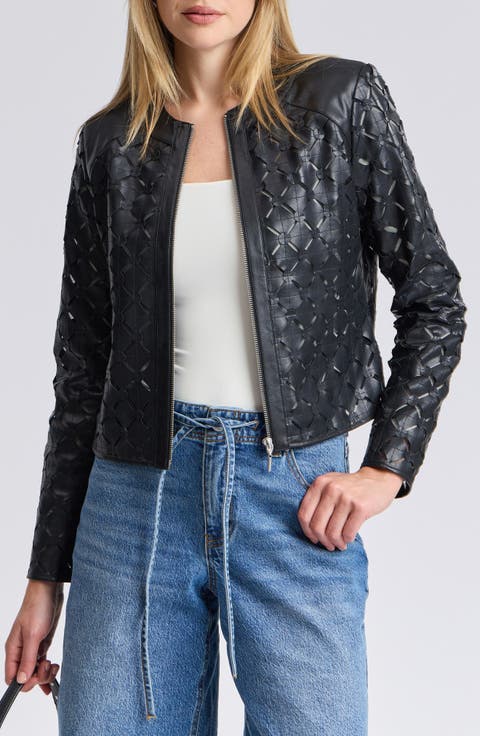 Laser-Cut Mesh Faux Leather Zip Front Jacket