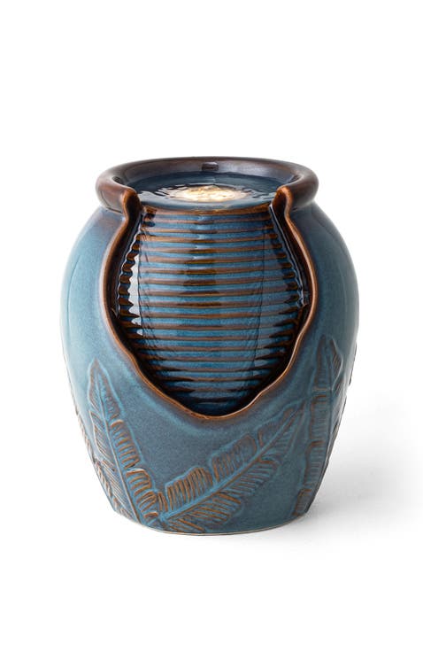 Turquoise Leaf Textured Ceramic Jar Tabletop Fountain with Pump and LED light