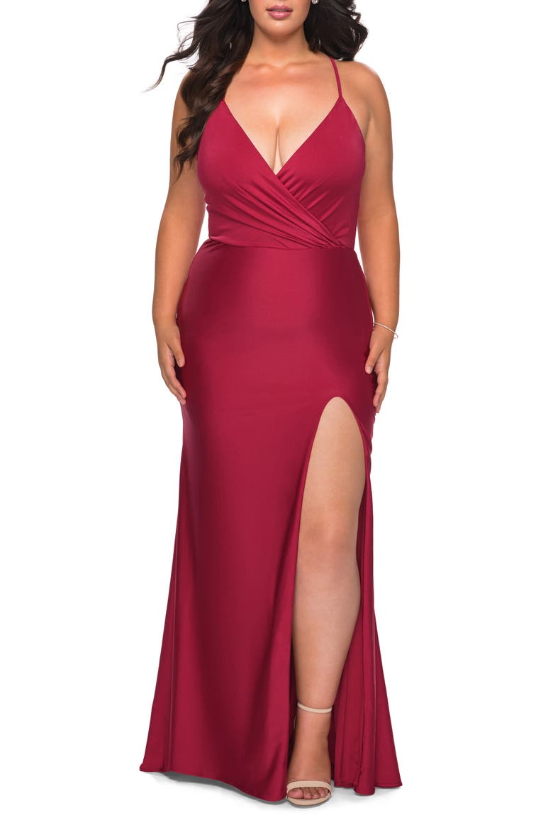 Jersey Dress for Curves with Slit and Criss Cross Back, Main, color, BURGUNDY
