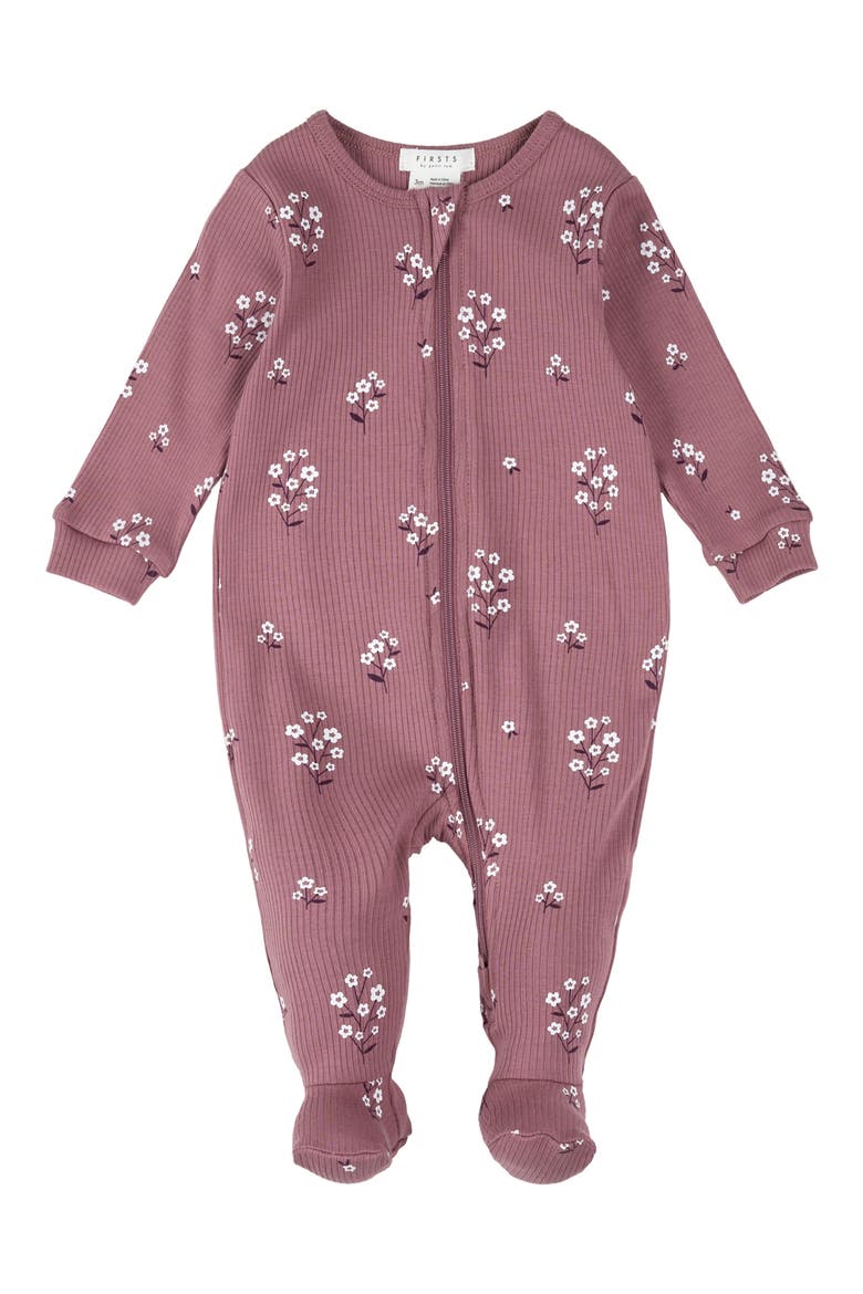 Floral Rib Fitted One-Piece Footed Pajamas, Main, color, PLUM