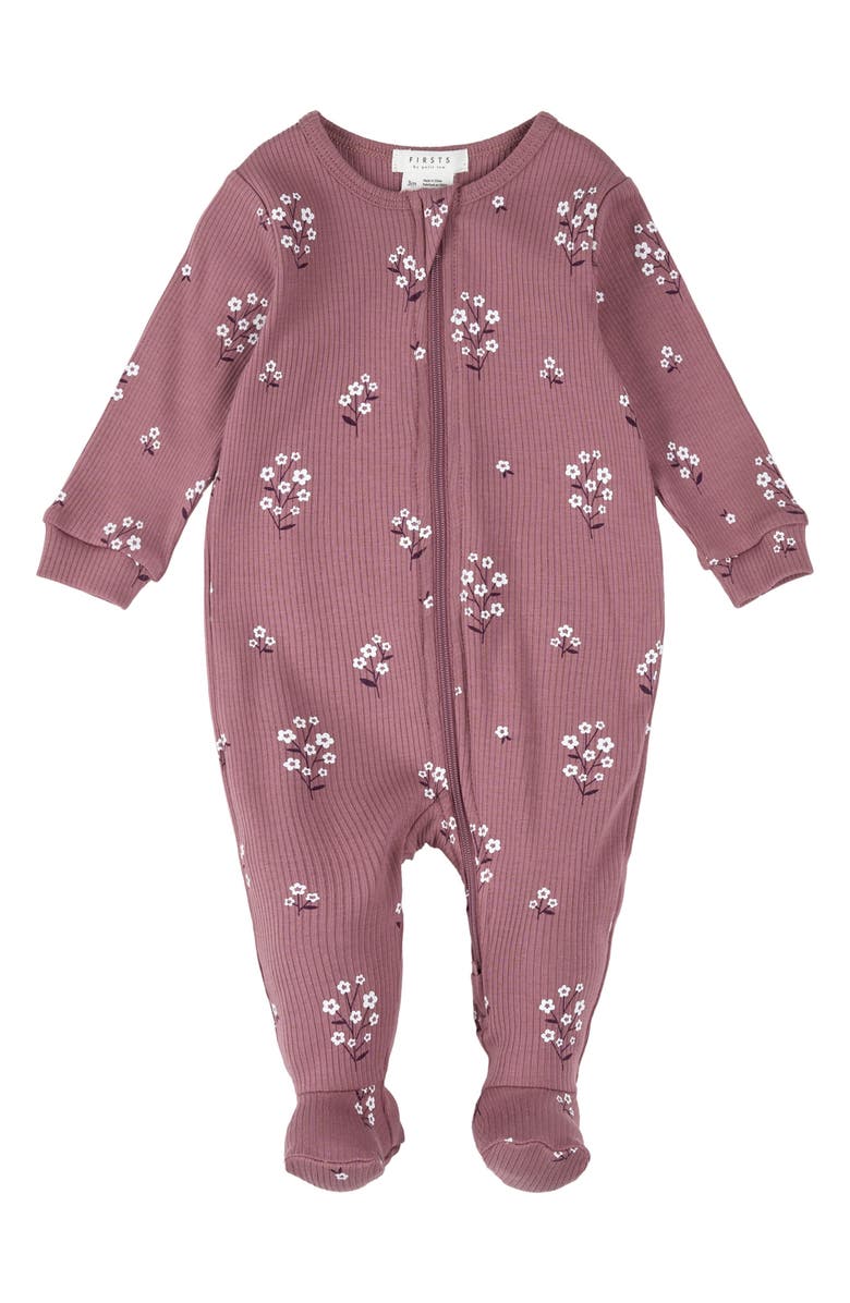 FIRSTS by Petit Lem Floral Rib Fitted One-Piece Footed Pajamas, Main, color, Plum