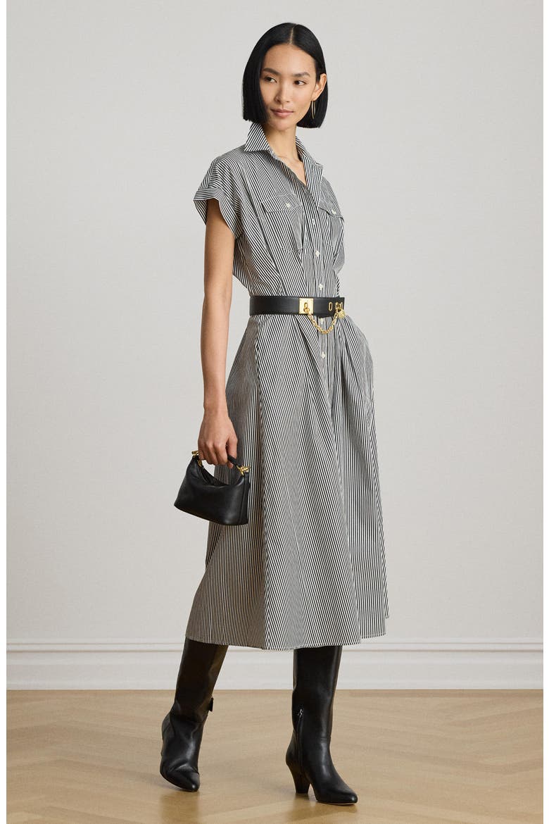 Striped Pleated Broadcloth Midi Shirtdress, Alternate, color, BLACK/ WHITE