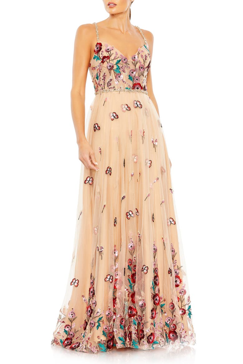 Bead And Gemstone Encrusted Floral Detail A Line Gown, Main, color, BEIGE MULTI