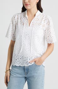 Caslon® Eyelet Split Neck Cotton Top