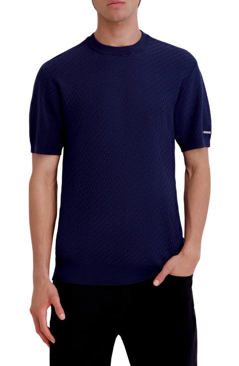 Short Sleeve Basketweave Crewneck Sweater
