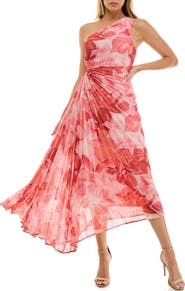 Socialite Floral Metallic Stripe One-Shoulder Pleated Dress