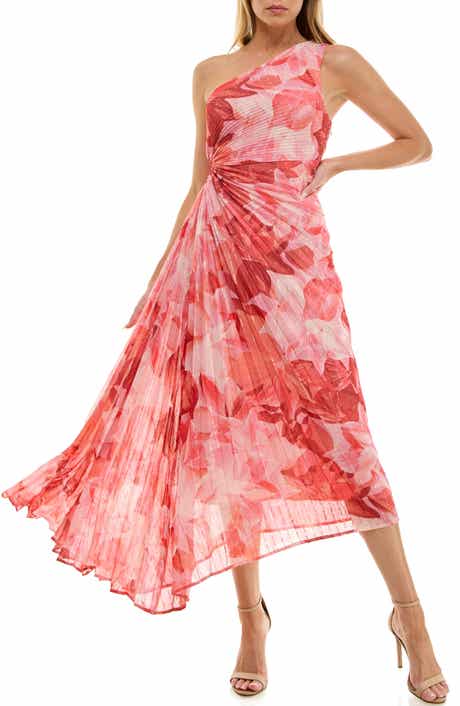 Socialite Floral Metallic Stripe One-Shoulder Pleated Dress