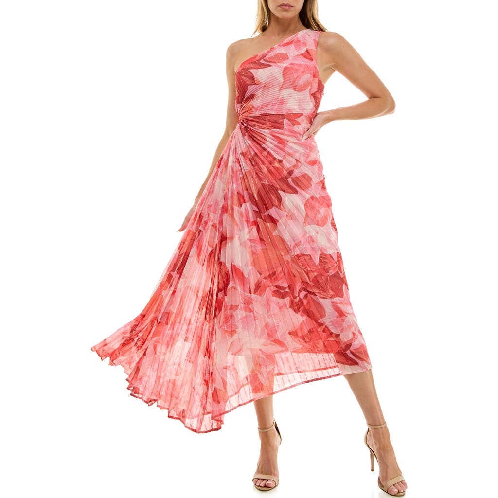 Socialite Floral Metallic Stripe One-shoulder Pleated Dress In Pink