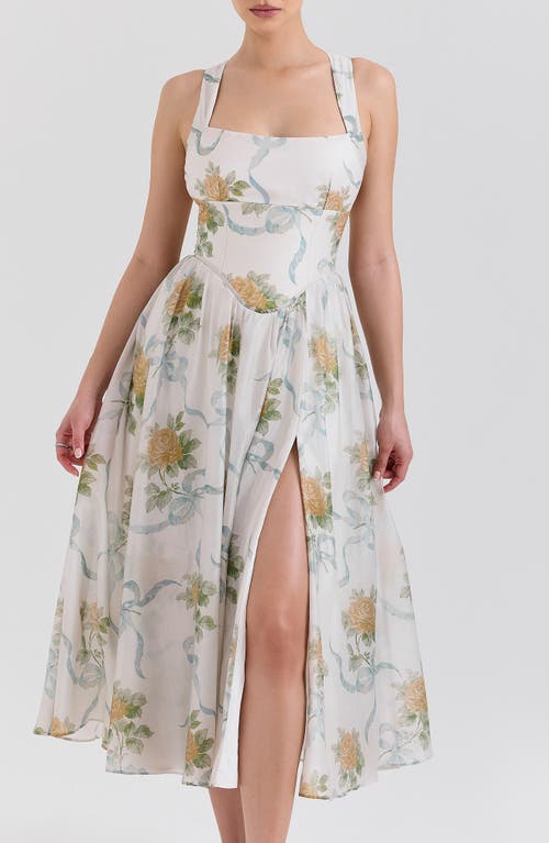 House Of Cb Of Cb Womens Soft Blue Vintage Minerva Floral-print Chiffon Midi Dress In Yellow Rose Off White