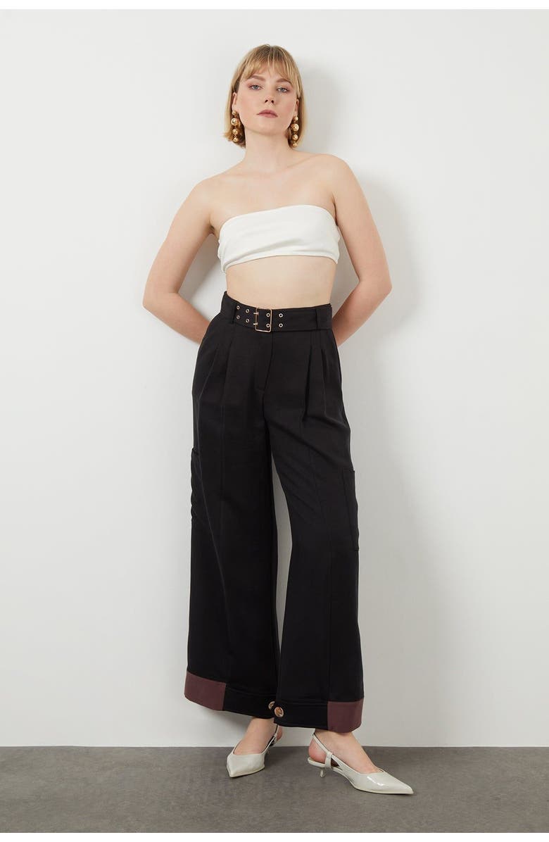 Gizia Classic Belted Side Pocket Wide-Leg Black Pants, Alternate, color, Black