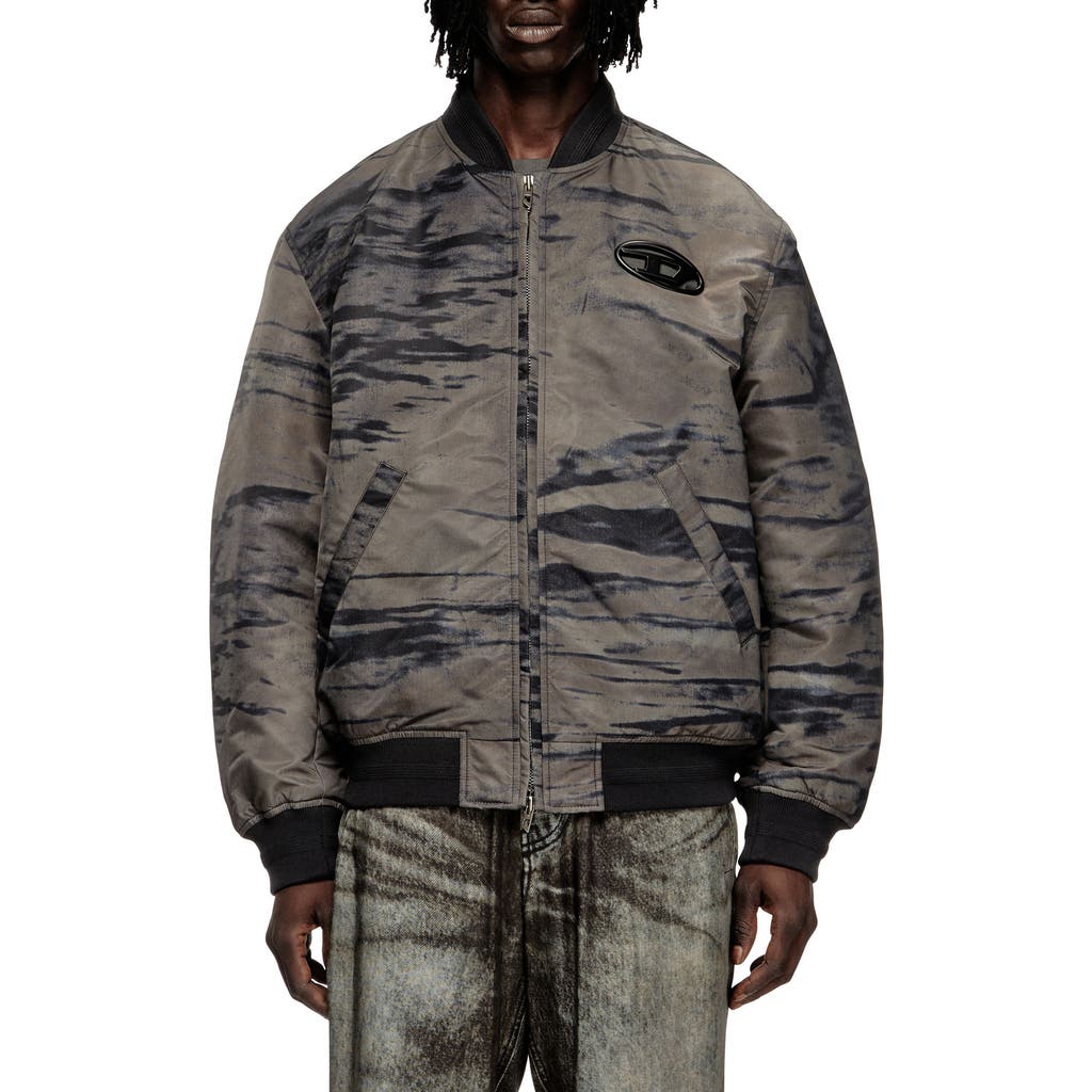 Diesel Padded Bomber Jacket In Printed Satin In Gray