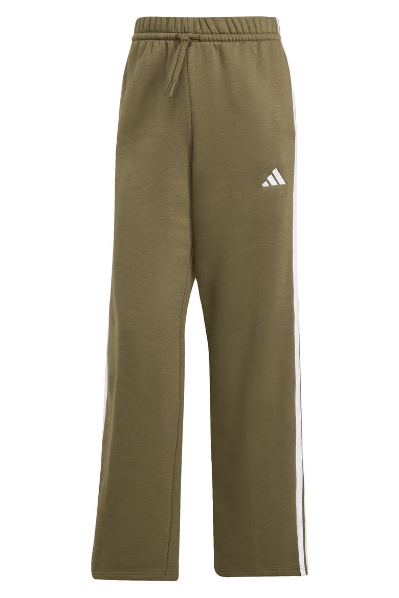 Essentials 3-Stripes Open Hem Fleece Pants, Alternate, color, OLIVE STRATA/ WHITE