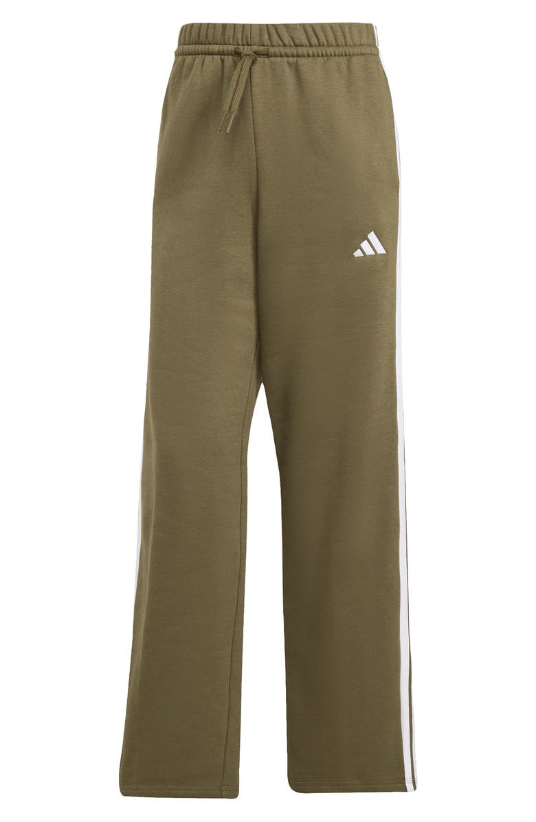 adidas Essentials 3-Stripes Open Hem Fleece Pants, Alternate, color, Olive Strata/ White