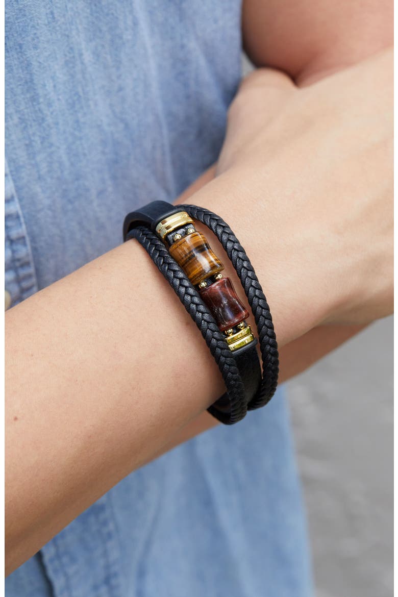 Men's Braided Leather Tiger's Eye Bracelet, Alternate, color, BLACK