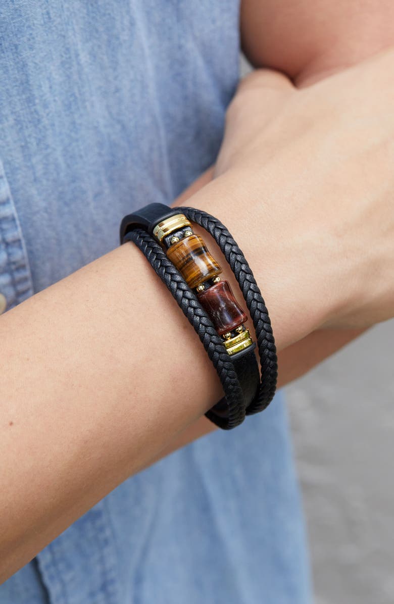 SAVVY CIE JEWELS Men's Braided Leather Tiger's Eye Bracelet, Alternate, color, Black