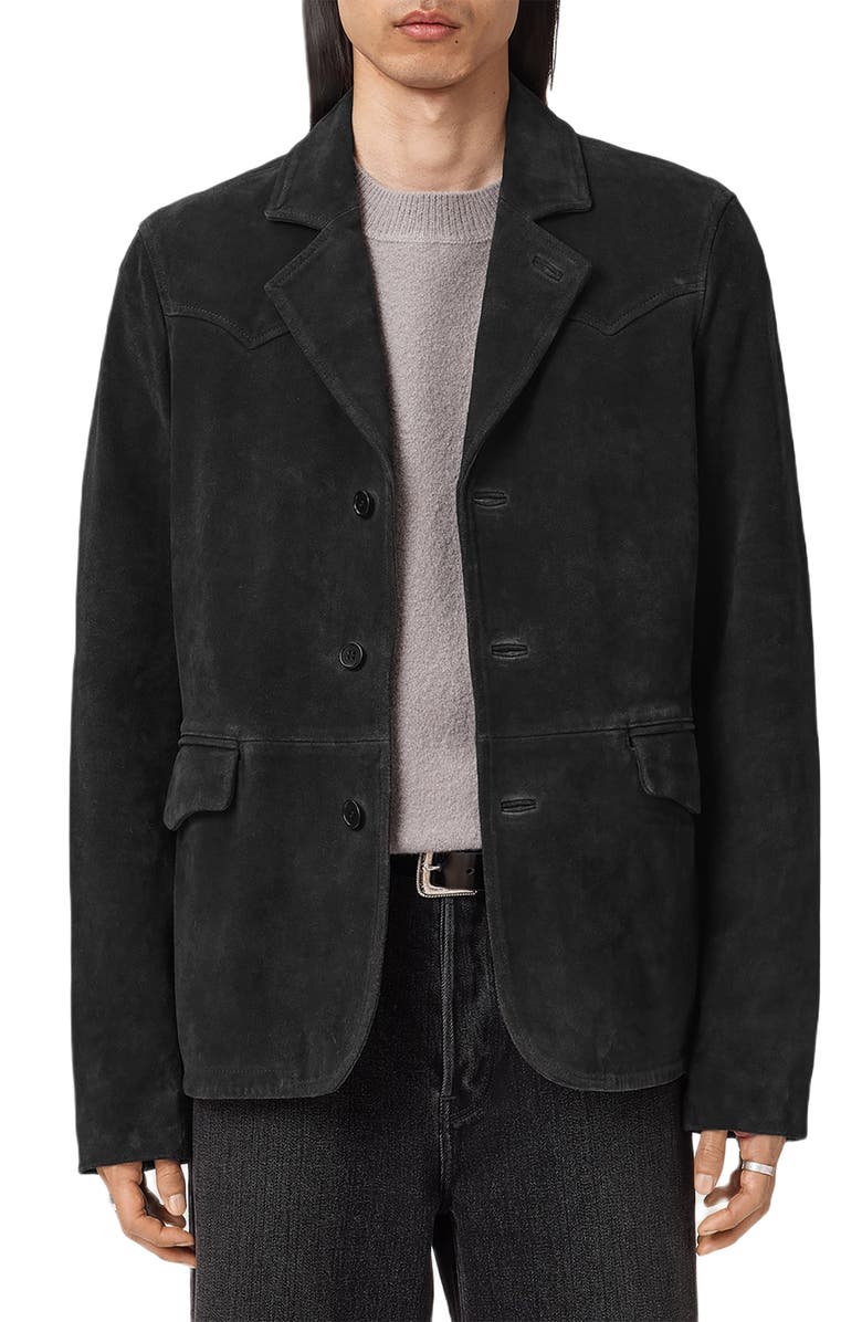 AllSaints Hornett Single Breasted Suede Blazer, Alternate, color, Twilight Black