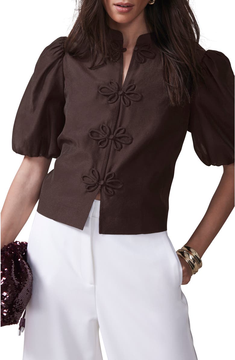 MINT VELVET Puff Sleeve Top with Flower Detail, Alternate, color, Burgundy