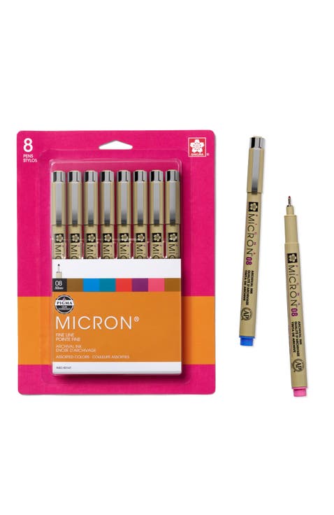 Pigma Micron Fineliner Pens - Archival Black and Colored Ink Pens - For Writing, Drawing, or Journaling - Black and Assorted Colored Ink - 08 Nib Size - Fine Line - 8 Pack
