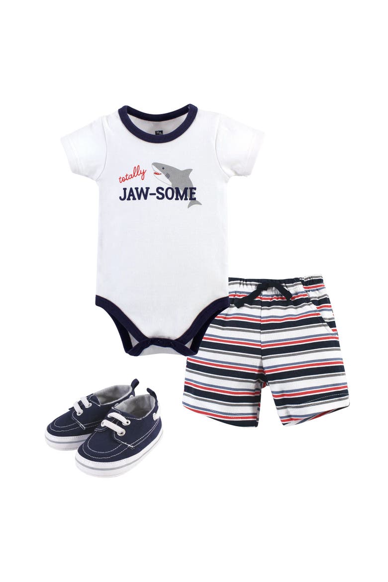 Little Gent's Soft Cotton Bodysuit, Shorts & Footwear 3Pk, Main, color, Jawsome