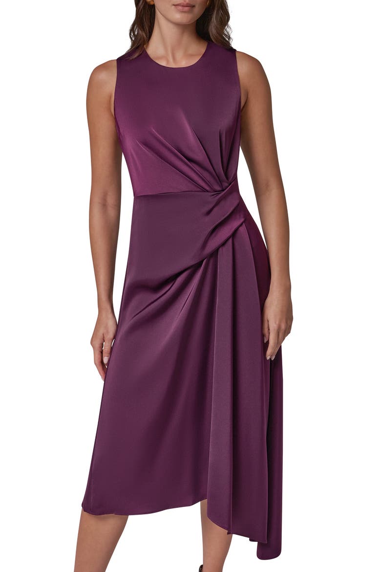 Side Draped Asymmetric Hem Stretch Satin Dress, Alternate, color, PRUNE