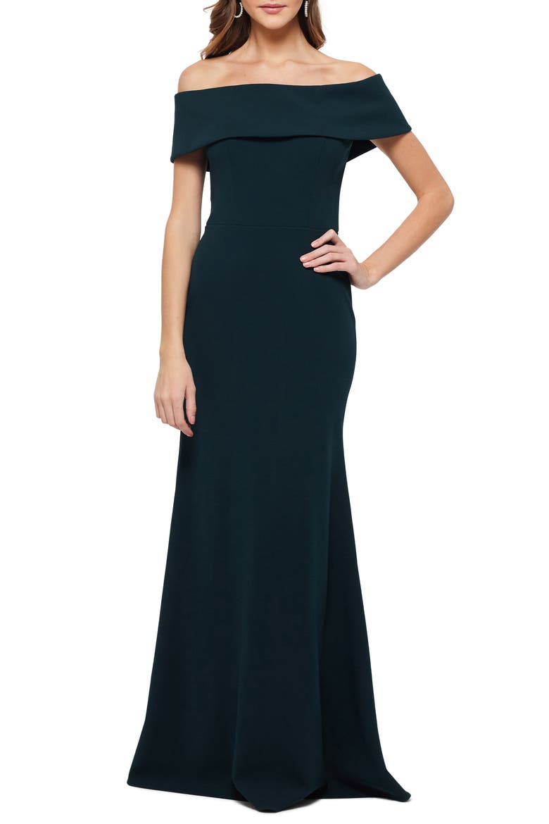 Off the Shoulder Back Ruffle Scuba Crepe Gown, Main, color, PINE