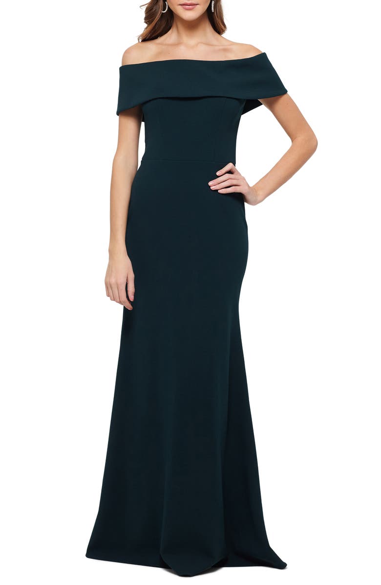 Betsy & Adam Off the Shoulder Back Ruffle Scuba Crepe Gown, Main, color, 
