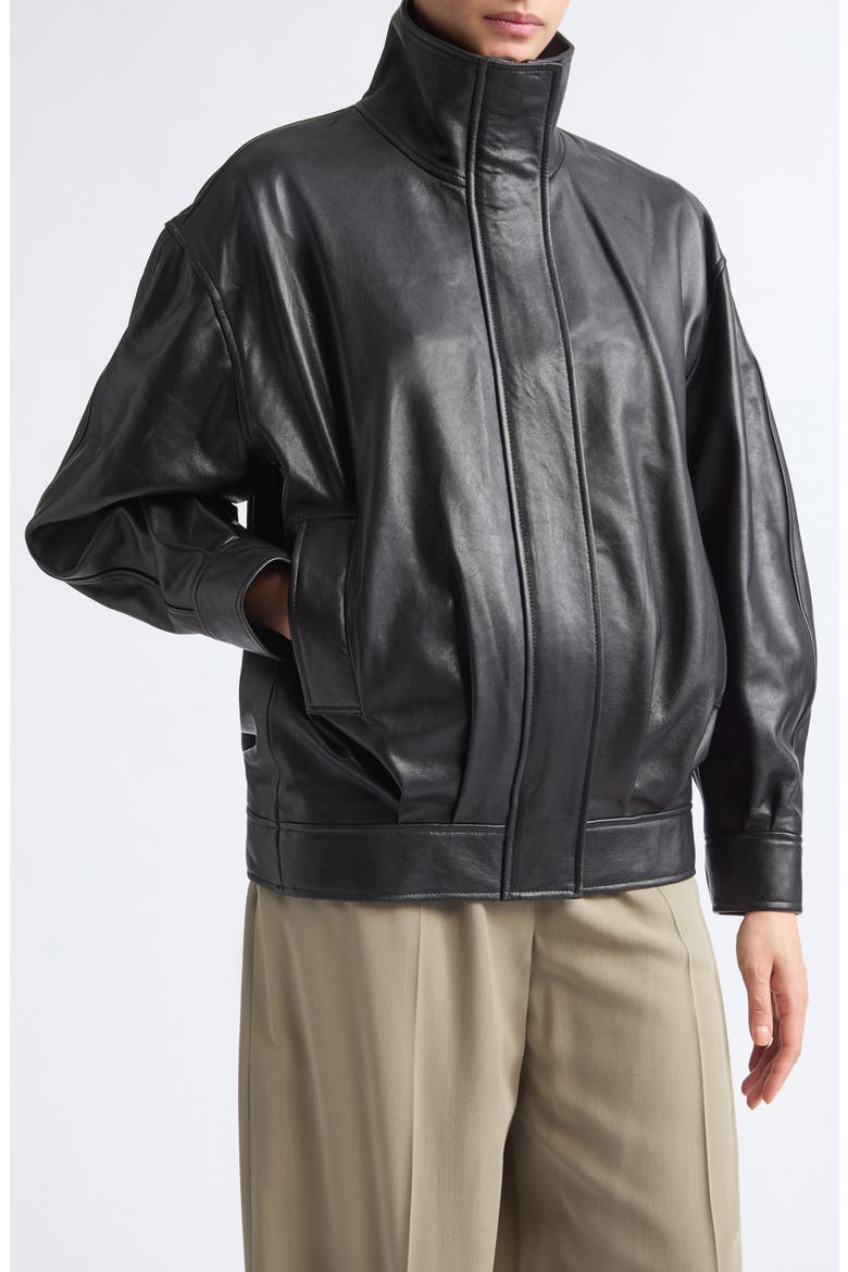 Paula Leather Bomber Jacket, Alternate, color, BLACK