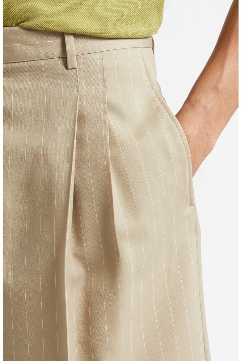 Pleated Pinstripe Wide Leg Wool Gabardine Bermuda Shorts, Alternate, color, BEIGE TAUPE/ BLANC CREME