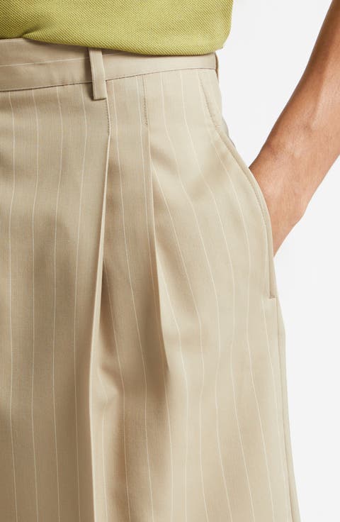 Pleated Pinstripe Wide Leg Wool Gabardine Bermuda Shorts